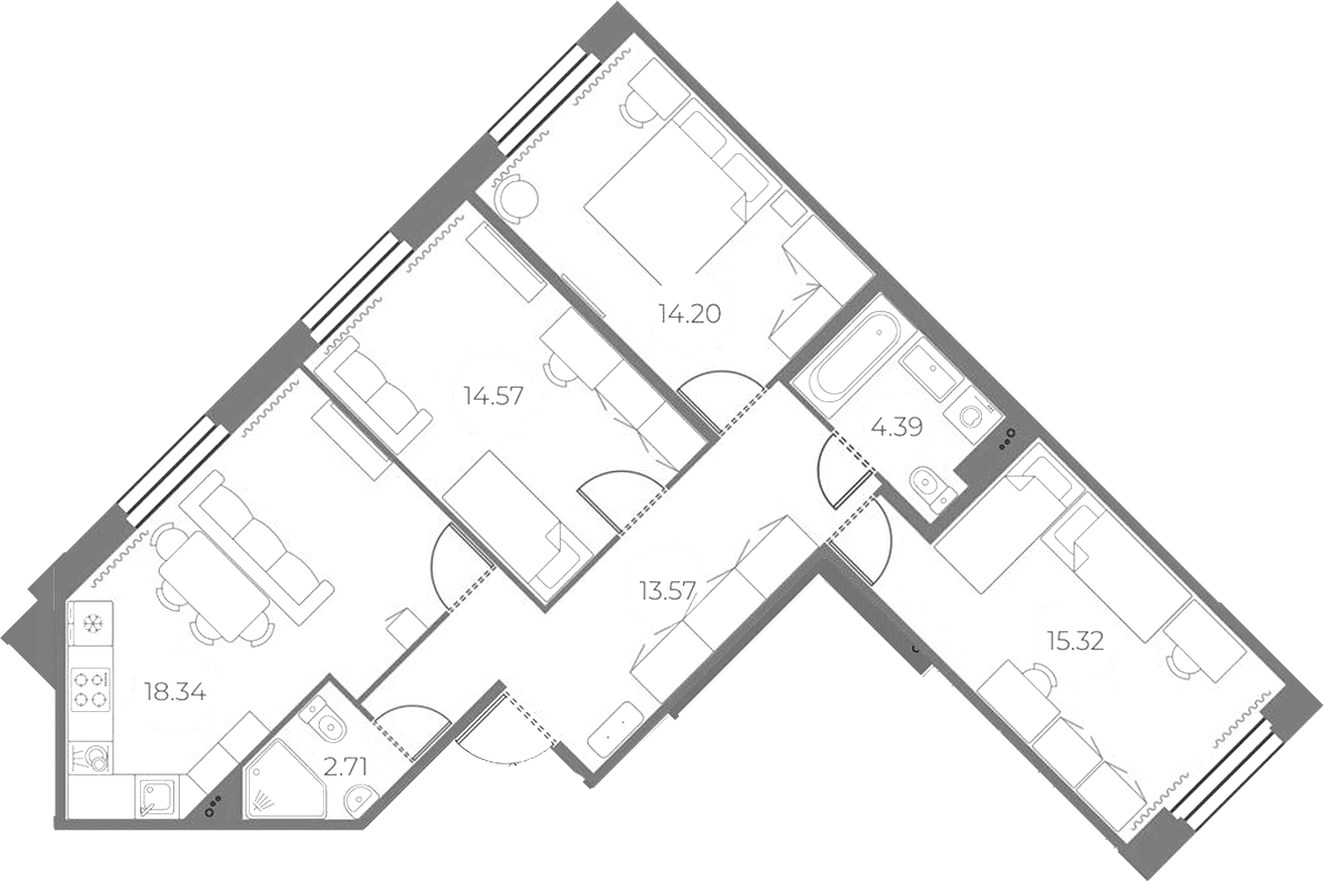 3-комнатная квартира 83.1 м², 2/18 эт., ЖК «Огни Залива»